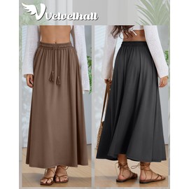 Velvelhall 3 Pack Women’s Pleated Long Skirts A Line Elastic High Waisted Flowy Boho Casual Maxi Summer Skirt with Pockets(Black, Coffee, Dark Gray,Small)