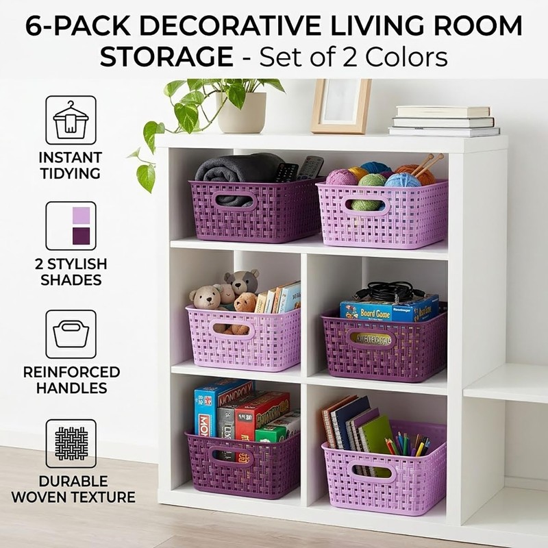 6-Pack Small Baskets, Purple Plastic Open Storage Weave Basket Versatile