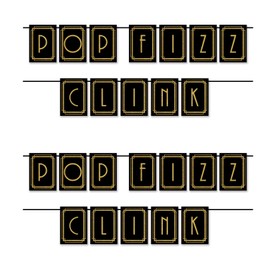 Beistle Pop, Fizz, Clink Streamers 2 Piece New Year Banners, 20's Decor, 6.25" x 8', Black/Gold