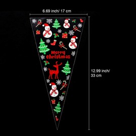 100 Counts Christmas Patterned Cone Cellophane Bags Treat Candy Bags with 100 Pieces Gold Twist Ties for Christmas Party Favor(Color C)