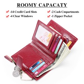 SENDEFN Women's RFID Blocking Leather Small Compact Bi-fold Zipper Pocket Wallet Card Case Purse with ID Window