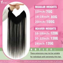 YoungSee 135G Wire Hair Extensions Ombre Black Fish Line Hair Extensions Invisible Wire Extensions Human Hair Blend of Black and Silver with Black Roots Wire Hair Extensions Real Human Hair 24Inch