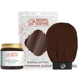Natural Elephant Moroccan Black Soap 200g (7oz) and Exfoliating Hammam Glove Combo (Chocolate Brown)