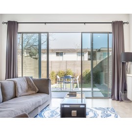 KAMANINA Curtain Rods for Windows 66 to 120 Inch, 3/4 Inch Black Curtain Rod 32 to 115 Inches (2.6-9.6ft) Splicing Adjustable Single Drapery Rod with Twisted Cage Finial