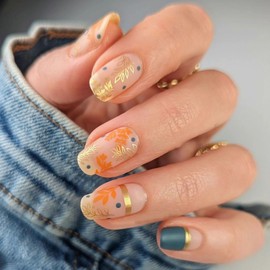 Fall Press on Nails Medium Square Thanksgiving Fake Nails Nude Full Cover Gold Leaves Line False Nails with Designs Matte Glue on Nails Acrylic Nails Manicure Artificial Nails for Women Girls 24Pcs