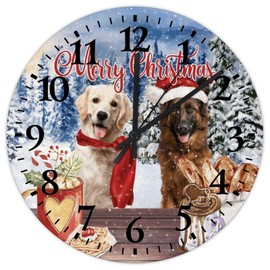 Wodevor Dog Christmas with Coffee Bread Small Wall Clock 10 Inch, Merry Christmas Dog Cool Room Accessories Battery Operated Silent Round Arabic Numeral Clock for Home Office School