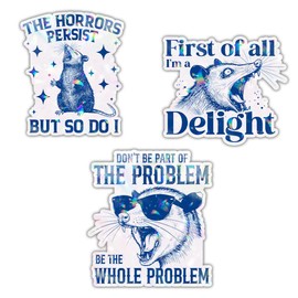 VOTANTA (3 Pcs, 3 in) - Funny Possum Opossum Holographic Stickers, The Horrors Persist But So Do I, First of All I'm a Delight, Sarcastic Gifts for Animal Lover Laptop Phone Bottle Car Sticker