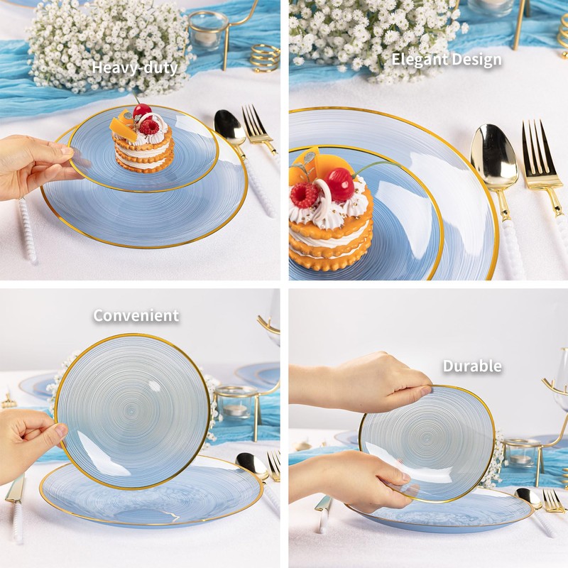 100PCS Blue Plastic Plates-Crystal Design Blue Disposable Plates with Gold