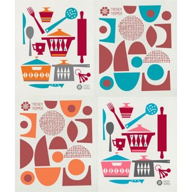 Trendy Tripper Jenn Ski Reusable Swedish Dishcloths MID-CENTURY MODERN ABSTRACT Designs Set of 4 (4 Retro Orange + Pink)