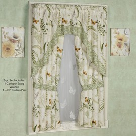 Butterfly Eden Cotton Window Treatment | Rod Pocket | Nature Medallion Butterfly Dragonfly Fern Leaves | Eggshell, Gold Yellow, Green | 2 Piece Set Includes: 63L Curtain Pair and Contour Swag Valance