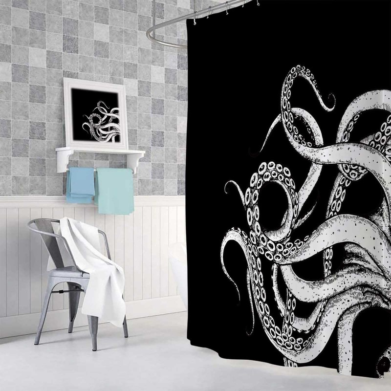 Octopus Decor Shower Curtain for Bathroom, Funny Black and White