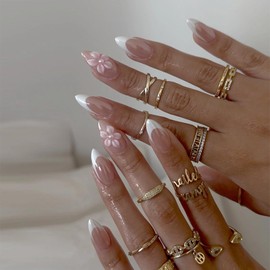 MERVF Press on Nails Almond Medium, White French Tip Fake Nails 3D Flower Glue ons Wedding Acrylic Nail Chrome Design Manicure Glossy 24pcs