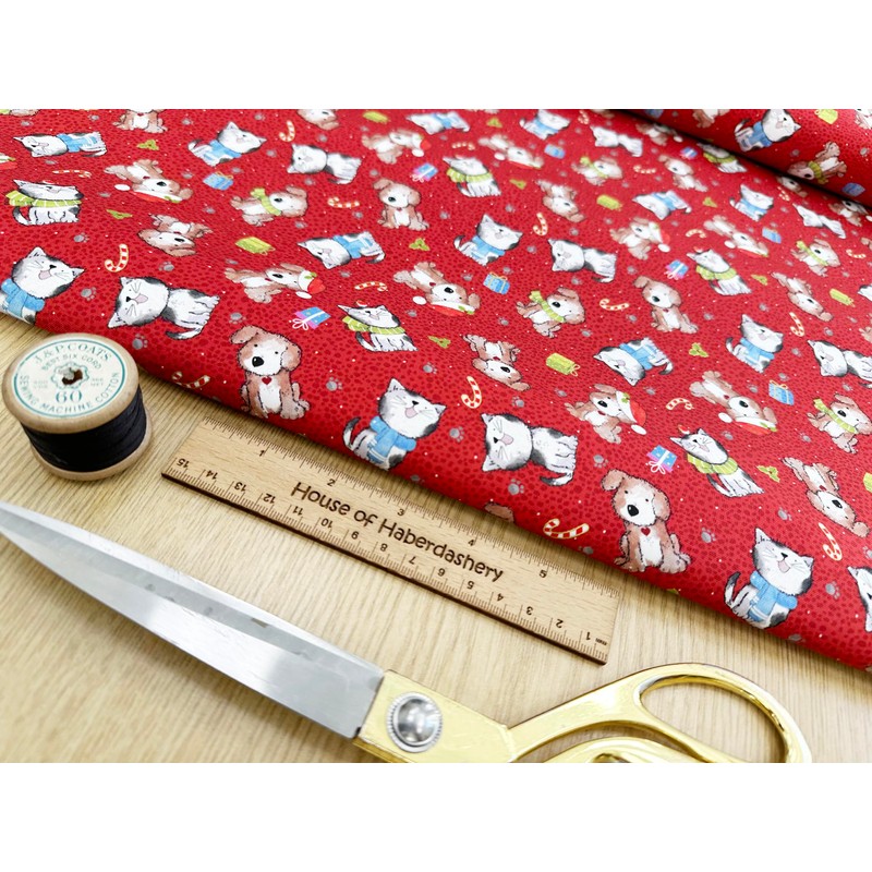 Nutex Fabric - Festive Cats & Dogs on Gold &