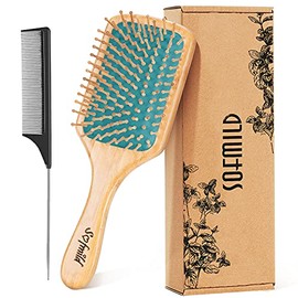 Hair Brush-Natural Wooden Bamboo Brush and Detangle Tail Comb Instead of Brush Cleaner Tool, Eco Friendly Paddle Hairbrush for Women Men and Kids Make Thin Long Curly Hair Health and Massage Scalp