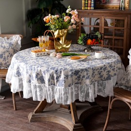 ARTMAGIC Cotton Linen Tablecloth Vintage Blue Floral Pattern Embroidery White Lace Washable Rectangle Table Cloths French Country Decor for Home Holiday Party Picnic (Blue Floral, 70" Round)