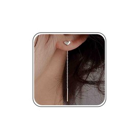 Boho Tiny Heart Threader Earrings Gold Silver Small Heart Stud Pull Through Earrings Thread Long Chain Tassel Dainty Line Bar Dangle Cute Mini Love Chain Drop Simple Delicate Minimalist Jewelry Women