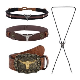 CHGCRAFT 4pcs Western Cowboy Accessories Include 2pcs Cowboy Ethnic Western Hat Bands 1pc Buckle Belts and 1pc Bolo Tie for Men Women