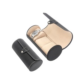 AIMALL Leather Black-White Travel Cylinder Watch and Tie Storage Box 7.67x3.54in with Three Compartments for Men and Women