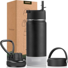 koodee Insulated Water Bottle-18 oz Stainless Steel Double Wall Vacuum Wide Mouth Water Bottle with 3 Lids-Boys Water Flask for School(Black)