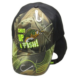 Trade Winds Shut Up and Fish Fishing Hook on Bill Black Camo Embroidered Cap CAP940 Hat