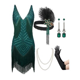 SWEETV Great Gatsby Dresses for Women,Green Flapper Dresses 1920s Fringe Cocktail Party Dress Roaring 20s Costumes With 20s Accessories Set For Harlem Nights/Formal/Prom/Club/Wedding,Small