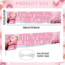 Justforjoyful Pink Christmas Party Decoration Pink Santa Claus Fence Banner Xmas Tree Large Yard Sign Banner Snowflake Garden Backdrop Decoration for Winter Holiday Party Supplies Indoor Outdoor