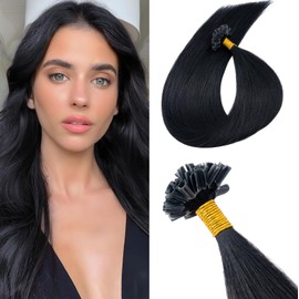Benehair Nail Tip Hair Extensions 100% Real Human U Tip Hair Extensions 20Inches 50 Strands 1g/Strand Jet Black #1