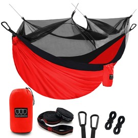 Gold Armour Camping Hammock - Camping Essentials, Double Hammock with Bug Net, Camping Gear Hammock for Outside, Hiking, and Travel (Red & Black)