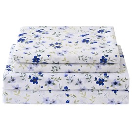 Softan Floral Full Sheet Set Blue Flower Bed Sheets Full Printed Sheets, 4 Piece Microfiber Patterned Fitted Sheets Full with 15" Deep Pocket, Spring Flower Sheets and Pillowcase Set