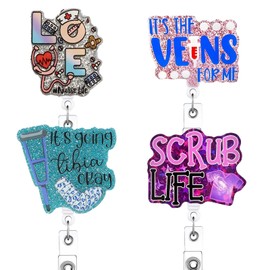 4 Pack Nurse Badge Reels - Stretchy ID Holder for Nurses, Doctors, Healthcare Workers - Fun Scrubs Accessories, Medical Staff Gift