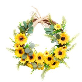 XHONG 17.7inch Artificial Sunflower Wreath Spring Summer Faux Floral Wreath Large Fake Flower Wreath with Yellow Sunflower and Green Leaves for Front Door Indoor Wall Décor