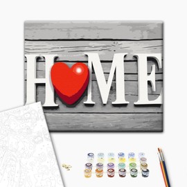 murando - Painting by Numbers Home 50 x 40 cm Painting Set with Wooden Frame on Canvas for Adults Children Painting Hand Painted Kit DIY Gift Decoration House Red Heart Wood Look
