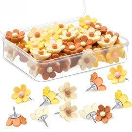 Sawysine 60 Pcs Decorative Thumb Tacks Colorful Cute Pushpin Flower Pushpin, Flower Thumb Tack for Corkboard Wall Office Home(Coffee Color, Beige, Yellow)