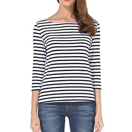 Tulucky Women's Casual Long Sleeve Shirts Stripe Tees Round Neck Tank Tops(S01-3/4SleeveWhiteDarkBlue,L)