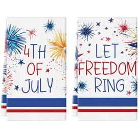 QIONG MENG 4th of July Kitchen Towels 18x26 Inch Let Freedom Ring Fireworks Dish Towel Hand Towels Memorial Day Independence Day Patriotic Home Kitchen Decoration Set of 2