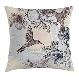 Ambesonne Hummingbird Throw Pillow Cushion Cover, Birds and Hibiscus Flowers Nostalgia Antique Design Classical Print, Decorative Square Accent Pillow Case, 18" X 18", Teal Brown
