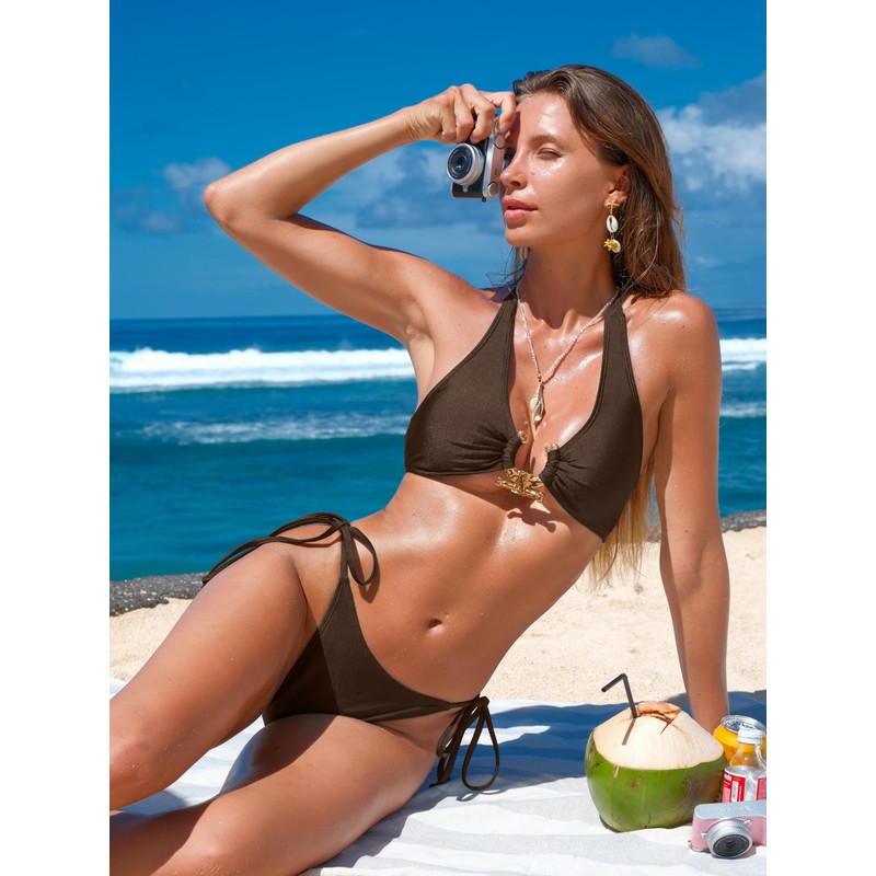 seamoly Swimsuit for Women Shiny Triangle Thong Bikini Sets Metal