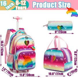 Meetbelify Unicorn Rolling Backpack for Girls Wheels Backpacks for Elementary Student Wheeled Trolley Trip Kids Luggage for Teen Girls with Lunch Box Pencil Case