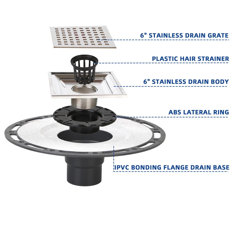 4-Inch Square Shower Drain with Bonding Flange - Durable Stainless