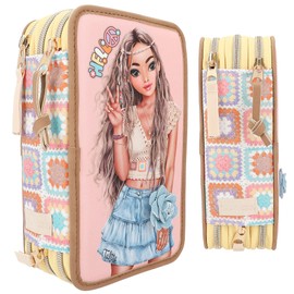 Depesche 12378 TOPModel Hippie Heart - Filled 3-Compartment Pencil Case with Model Motif and Print in Crochet Look, Pencil Case with Colouring Pencils, Scissors, Ruler and much more, rose, Modern