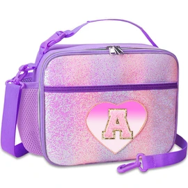 RHCPFOVR Kids Initial Lunch Bag - Insulated Lunch Box for Boys Girls,Washable Lunch Bag and Reusable Toddler Leak-proof Lunchbox for School and Daycare Purple A