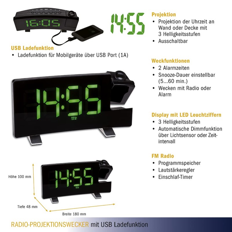 TFA Dostmann 60.5015.04 Projection Alarm Clock with FM Radio, 2