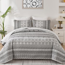 WONGS BEDDING Boho Quilt Set Queen Size, Grey Bohemian 3 Pieces Quilt Sets, Gray Lightweight Bedspread Coverlet Bedding Set for All Season (96"x90")