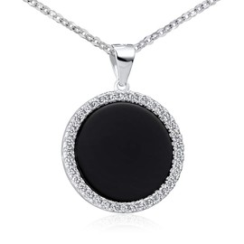 Materia Onyx Pendant Round Black 925 Silver Women's Rhodium-Plated with Zirconia and Chain Including Jewellery Box, Tarnish protection thanks to rhodium plating White zirconia stones, Onyx