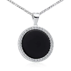 Materia Onyx Pendant Round Black 925 Silver Women's Rhodium-Plated with Zirconia and Chain Including Jewellery Box, Tarnish protection thanks to rhodium plating White zirconia stones, Onyx