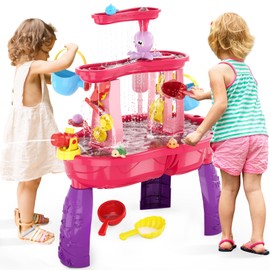 HYES Water Table for Toddlers 1-3 3-5, 3-Tier Kids Splash Sand Table Water Toys, Rain Showers Splash Pond for Outdoor Beach Backyard Summer, Activity Sensory Play Table for Girls, Pink