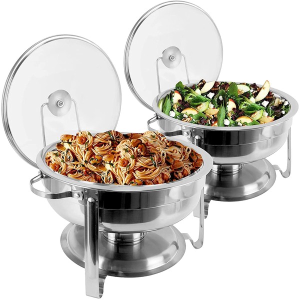 BriSunshine Chafing Dish Buffet Set 2 Pack, 4 QT Round Chafing Dishes for Catering, Stainless Steel Buffet Servers and Warmers with Glass Lid & Lid Holder for Parties Wedding Event Hotel