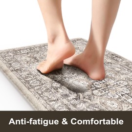 KIMODE Anti Fatigue Kitchen Mat, Boho Distressed Kitchen Rugs Sets of 2, Kitchen Floor Mats Non Slip Cushioned, Waterproof Standing Mat for Laundry, Office, Sink, Desk, Light Brown 17"x47"+17"x29"