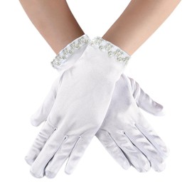 AWOCAN Short Satin Gloves Wrist Length Gloves Bridal Floral Lace Gloves Women's Gown Gloves Opera Wedding Banquet Dress Glove (WHITE-1)