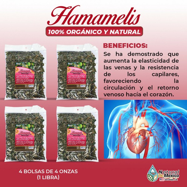 Natural de Mexico USA Hamamelis Virginiana 1 Lb-453g (4/4 oz) Witch Hazel Support Healthy Circulation